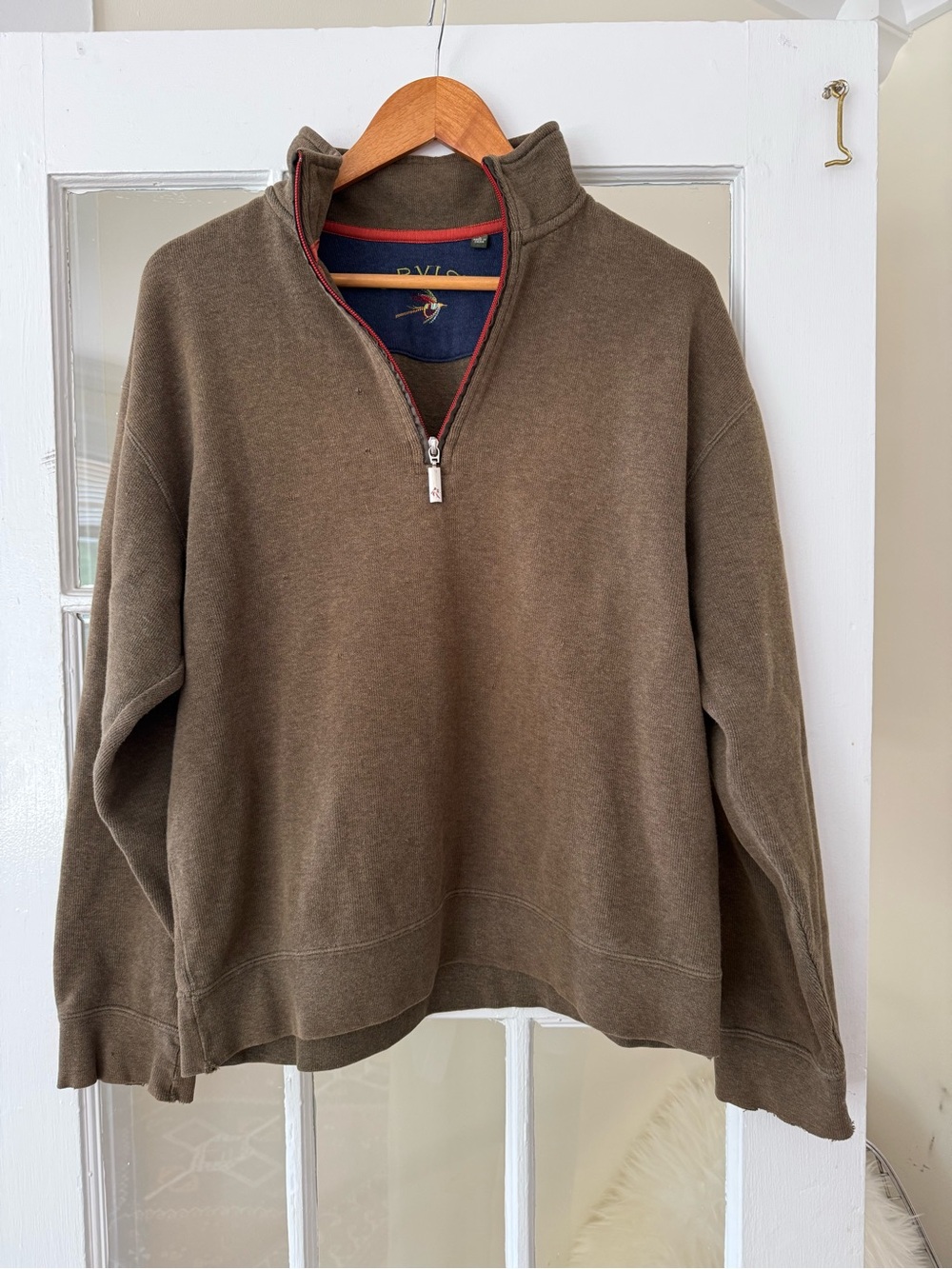 Orvis Men's Olive Brown Half-Zip Sweater with Red Trim